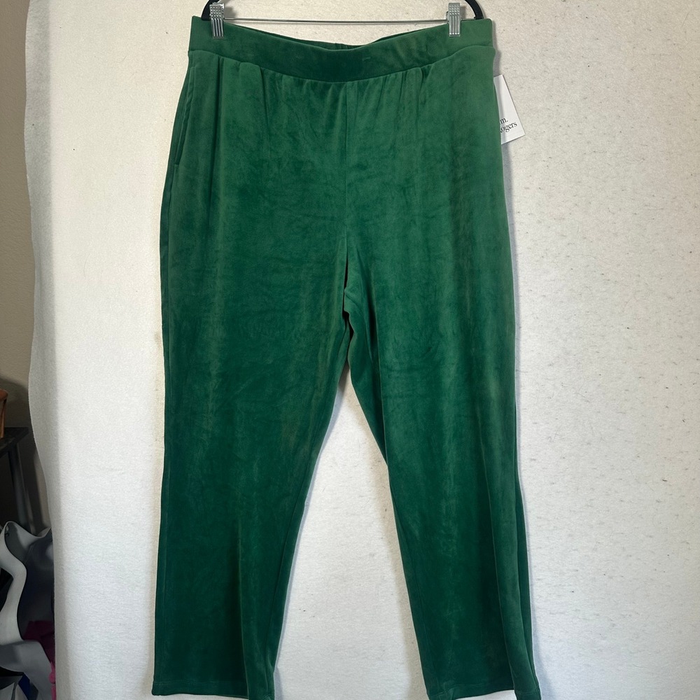 Kim Rogers Green Velour Pants Elastic Waist Straight Leg Pockets NWT Womens XL